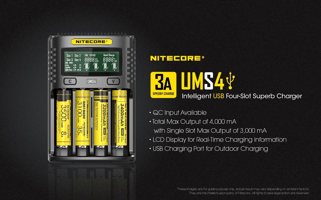 Nitecore UMS4 Caricatore rapido intelligente USB a quattro slot con USB-C per ricarica intelligente di 18650 21700 26650