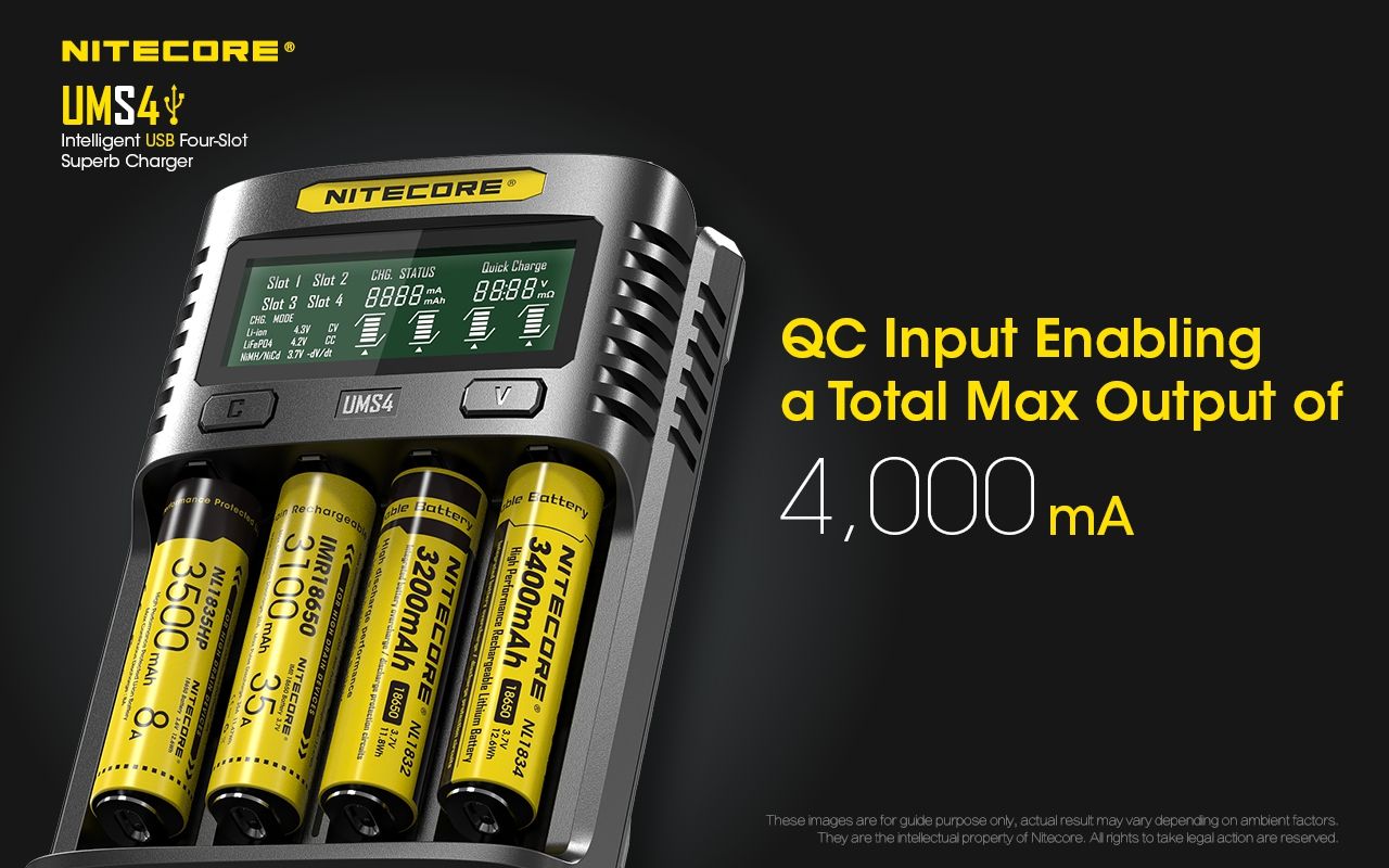 Nitecore UMS4 Caricatore rapido intelligente USB a quattro slot con USB-C per ricarica intelligente di 18650 21700 26650