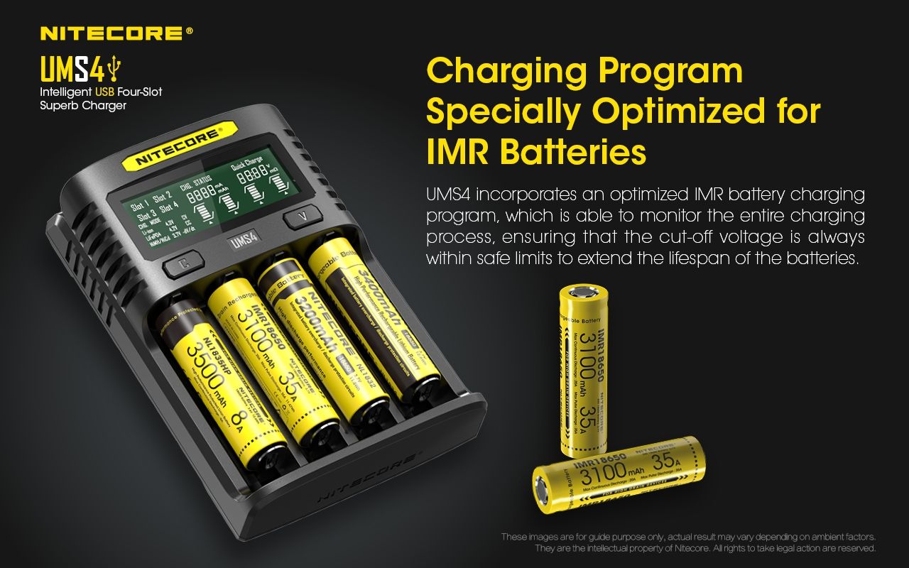 Nitecore UMS4 Caricatore rapido intelligente USB a quattro slot con USB-C per ricarica intelligente di 18650 21700 26650