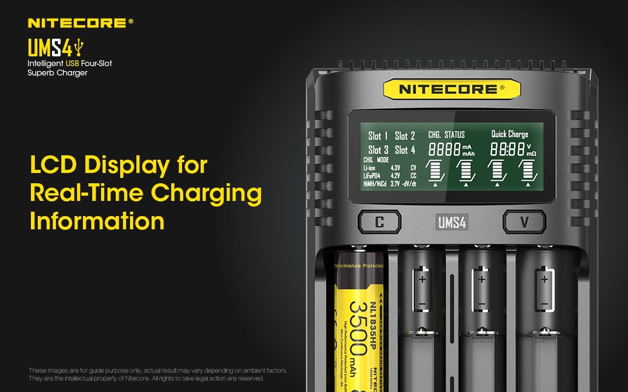 Nitecore UMS4 Caricatore rapido intelligente USB a quattro slot con USB-C per ricarica intelligente di 18650 21700 26650