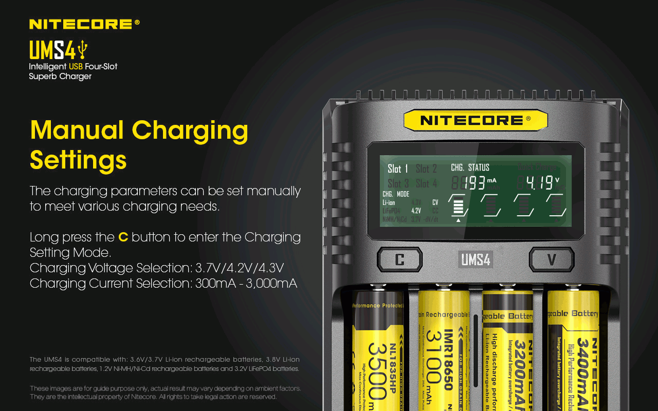 Nitecore UMS4 Caricatore rapido intelligente USB a quattro slot con USB-C per ricarica intelligente di 18650 21700 26650