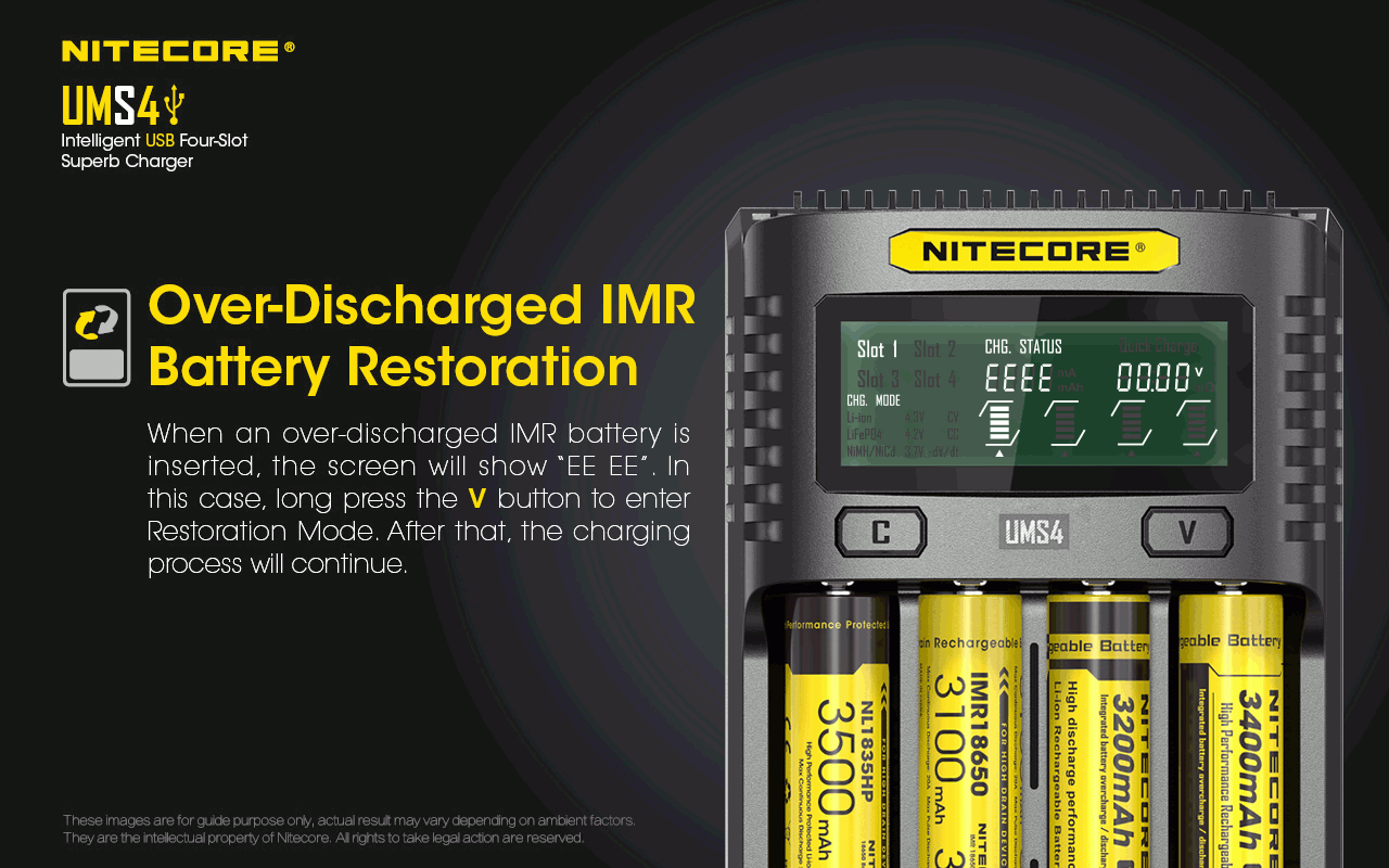 Nitecore UMS4 Caricatore rapido intelligente USB a quattro slot con USB-C per ricarica intelligente di 18650 21700 26650
