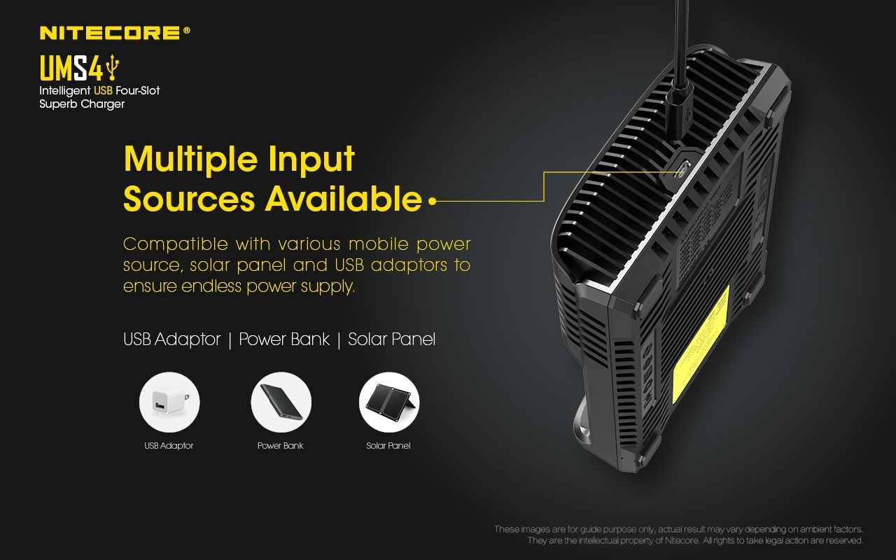 Nitecore UMS4 Caricatore rapido intelligente USB a quattro slot con USB-C per ricarica intelligente di 18650 21700 26650