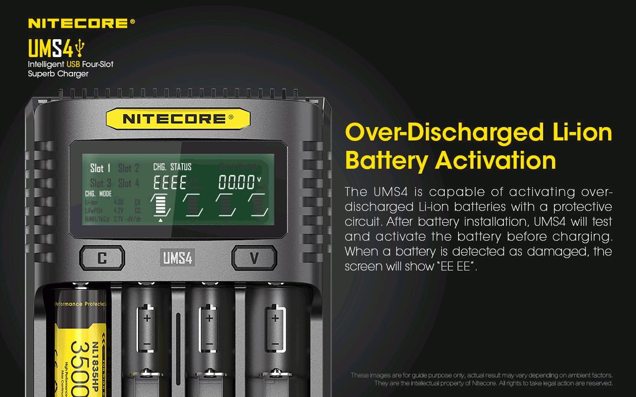 Nitecore UMS4 Caricatore rapido intelligente USB a quattro slot con USB-C per ricarica intelligente di 18650 21700 26650