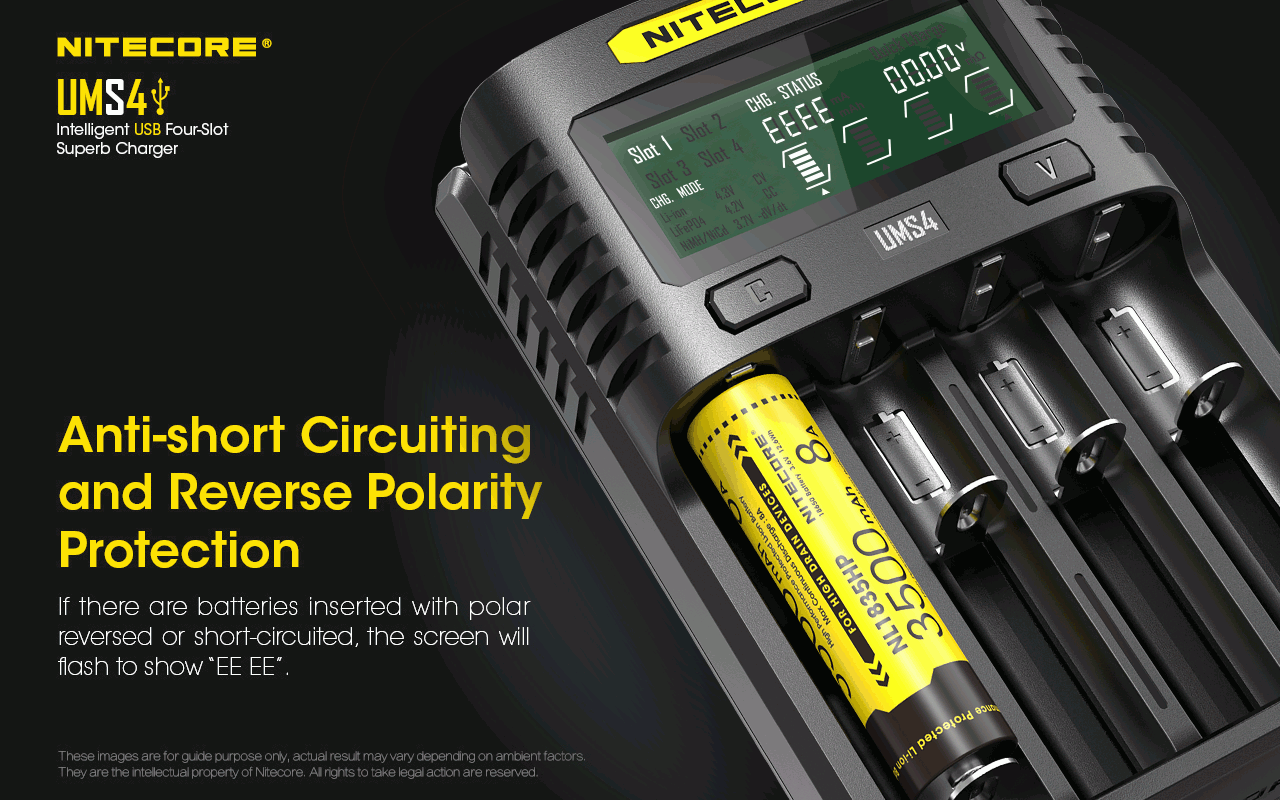 Nitecore UMS4 Caricatore rapido intelligente USB a quattro slot con USB-C per ricarica intelligente di 18650 21700 26650