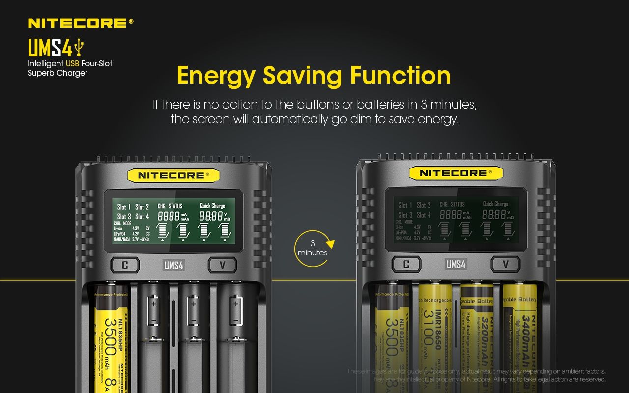 Nitecore UMS4 Caricatore rapido intelligente USB a quattro slot con USB-C per ricarica intelligente di 18650 21700 26650