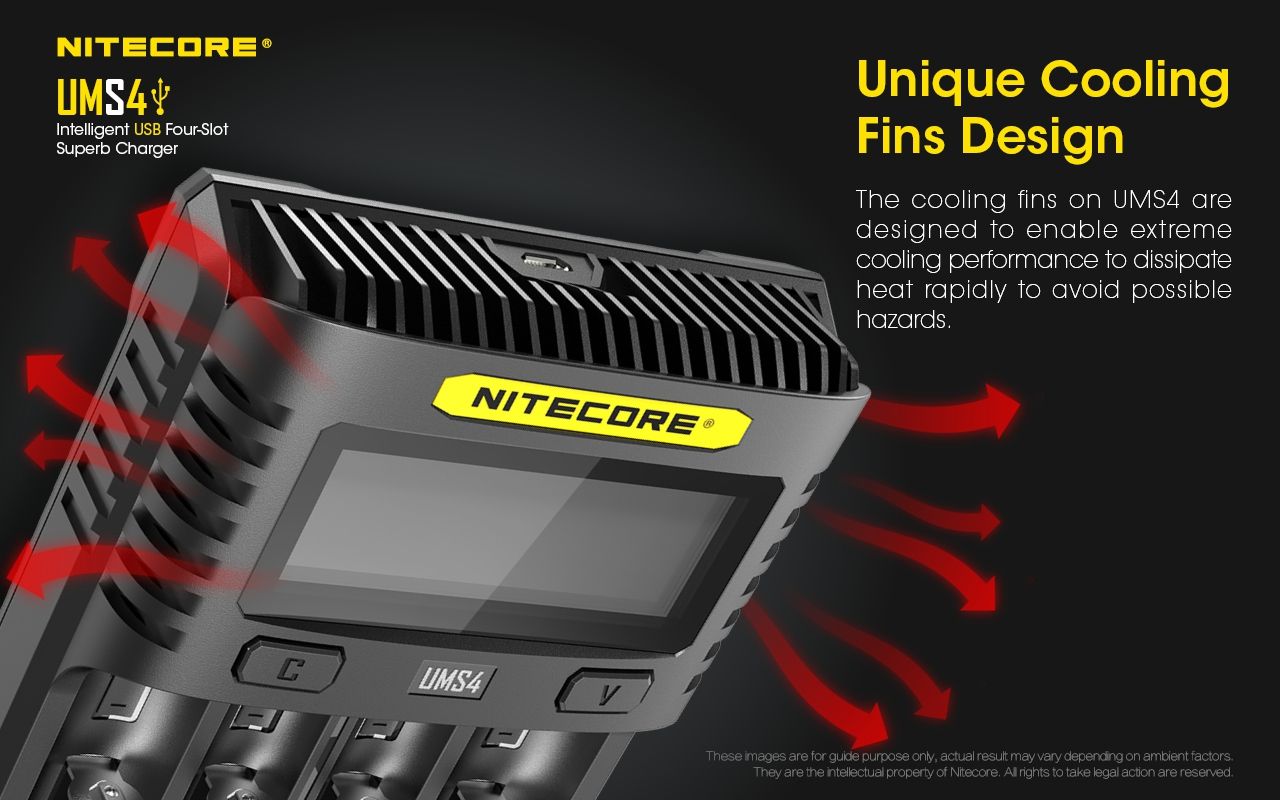 Nitecore UMS4 Caricatore rapido intelligente USB a quattro slot con USB-C per ricarica intelligente di 18650 21700 26650