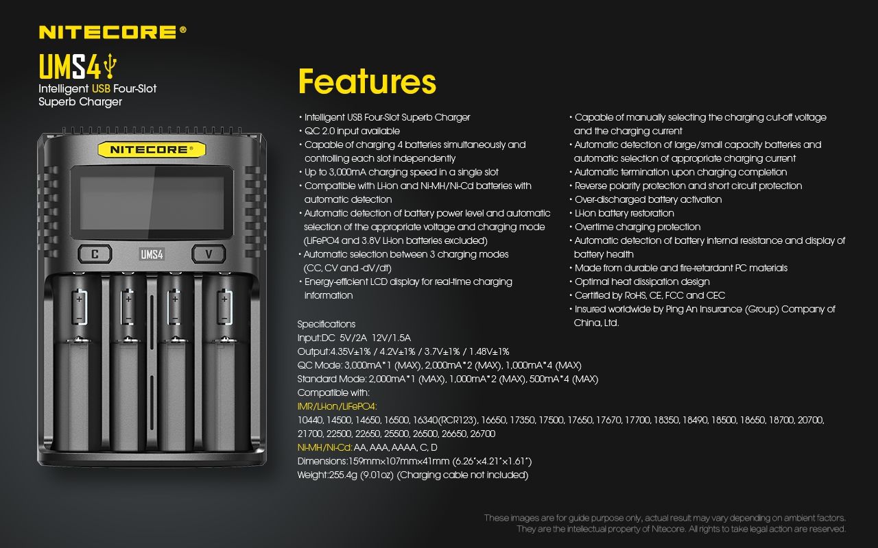 Nitecore UMS4 Caricatore rapido intelligente USB a quattro slot con USB-C per ricarica intelligente di 18650 21700 26650