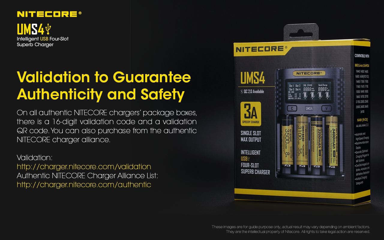 Nitecore UMS4 Caricatore rapido intelligente USB a quattro slot con USB-C per ricarica intelligente di 18650 21700 26650