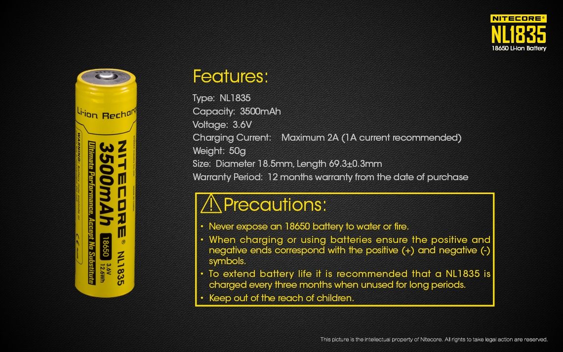 Nitecore 18650 NL1835 3500mAh Batteria Ricaricabile agli Ioni di Litio per Potenza Duratura e Prestazioni Affidabili