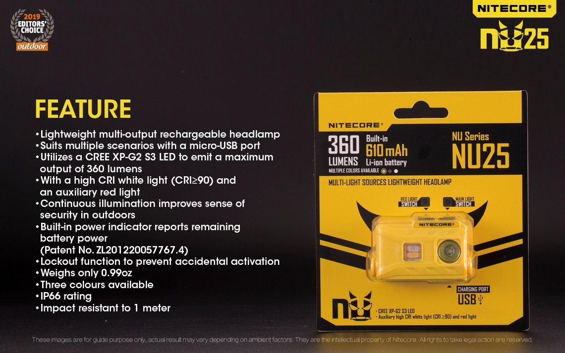 Nitecore NU25 XP-G2 S3 LED Lampada frontale ricaricabile 360 lumen Leggera Accessorio da avventura Illuminazione per esterni