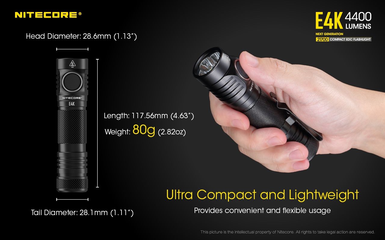 Nitecore E4K Torcia Elettrica 4400 Lumen Design Compatto e Impermeabile LED XP-L2 V6 con Batteria 21700 per Illuminazione Outdoor ed Escursionismo Resistente e Alta Luminosità