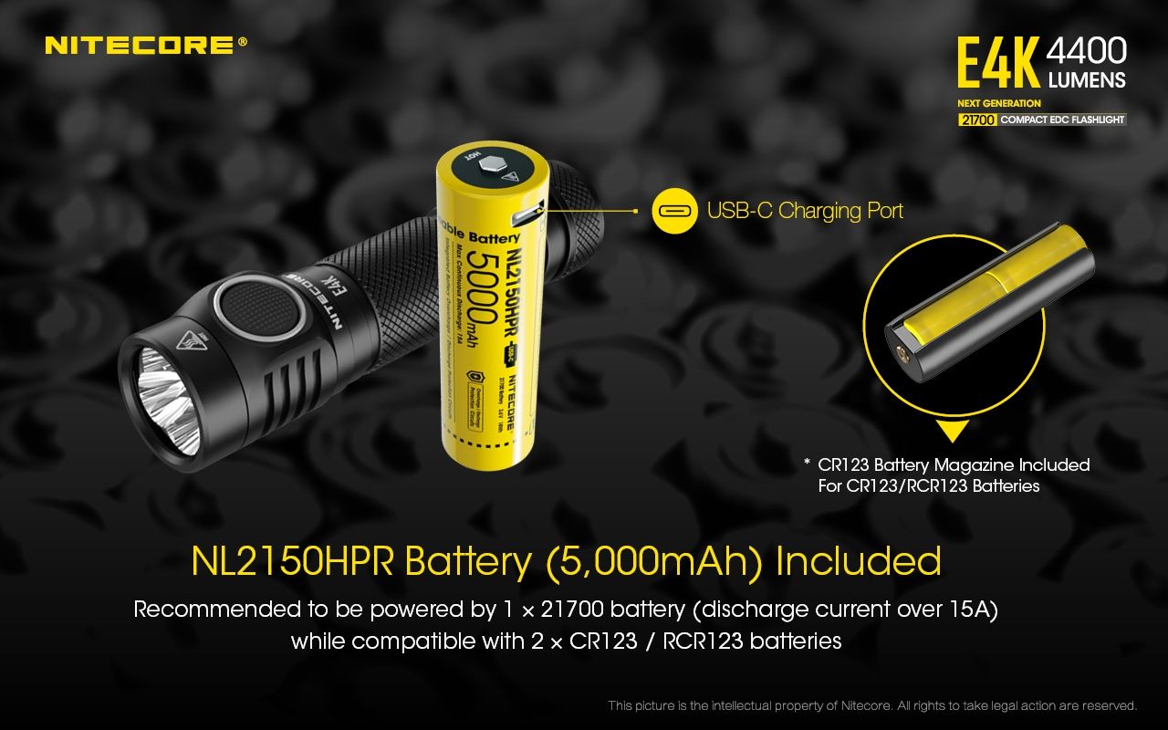 Nitecore E4K Torcia Elettrica 4400 Lumen Design Compatto e Impermeabile LED XP-L2 V6 con Batteria 21700 per Illuminazione Outdoor ed Escursionismo Resistente e Alta Luminosità