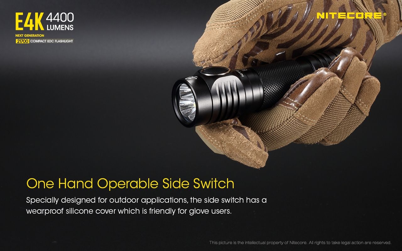 Nitecore E4K Torcia Elettrica 4400 Lumen Design Compatto e Impermeabile LED XP-L2 V6 con Batteria 21700 per Illuminazione Outdoor ed Escursionismo Resistente e Alta Luminosità