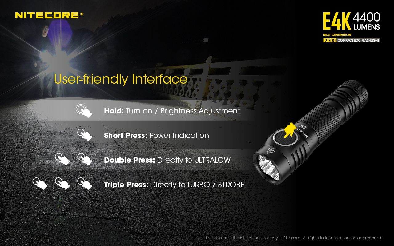 Nitecore E4K Torcia Elettrica 4400 Lumen Design Compatto e Impermeabile LED XP-L2 V6 con Batteria 21700 per Illuminazione Outdoor ed Escursionismo Resistente e Alta Luminosità