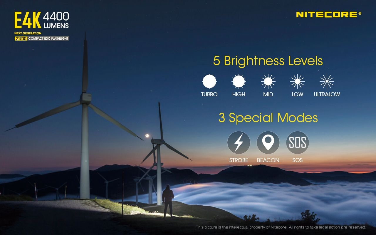 Nitecore E4K Torcia Elettrica 4400 Lumen Design Compatto e Impermeabile LED XP-L2 V6 con Batteria 21700 per Illuminazione Outdoor ed Escursionismo Resistente e Alta Luminosità