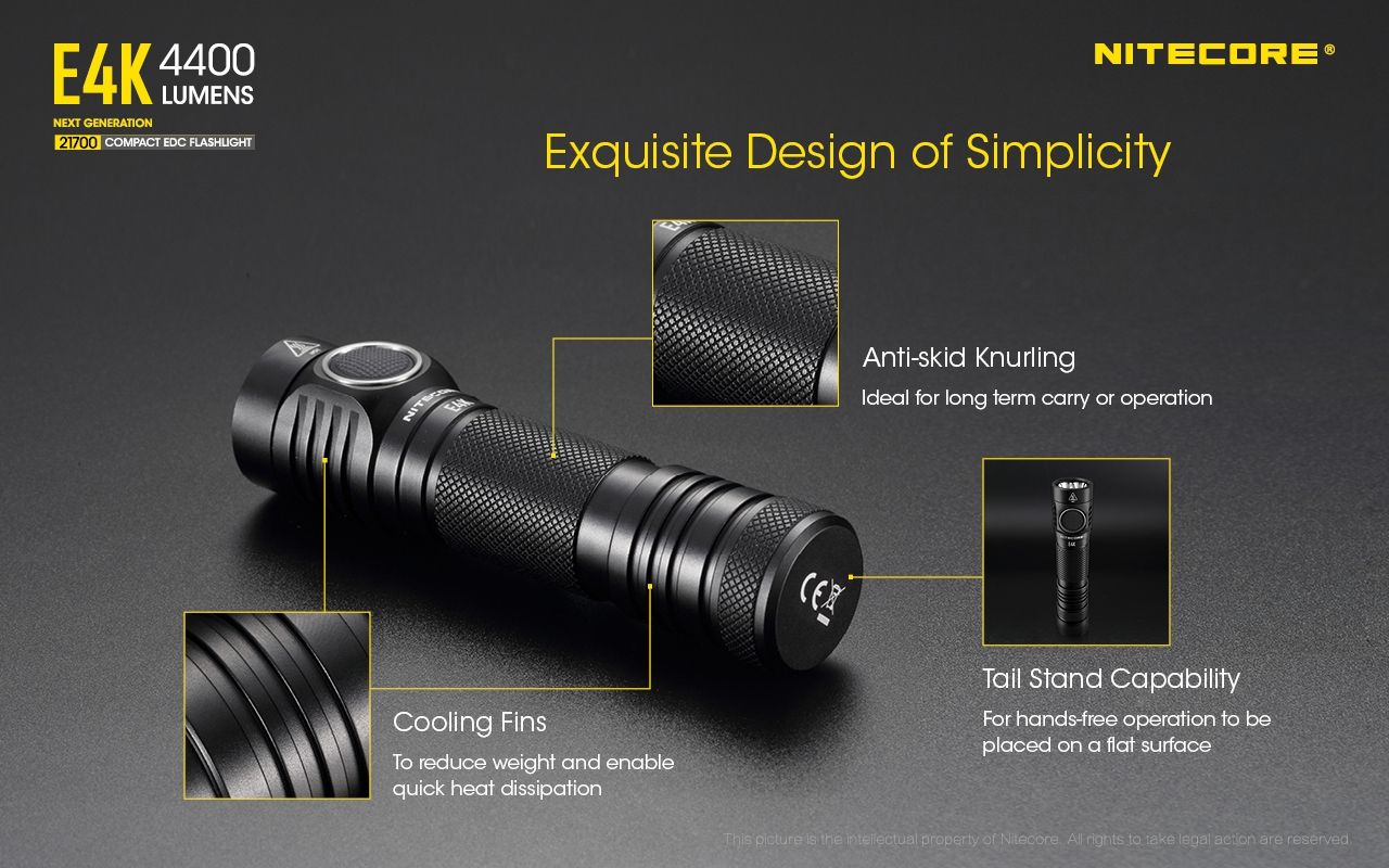 Nitecore E4K Torcia Elettrica 4400 Lumen Design Compatto e Impermeabile LED XP-L2 V6 con Batteria 21700 per Illuminazione Outdoor ed Escursionismo Resistente e Alta Luminosità
