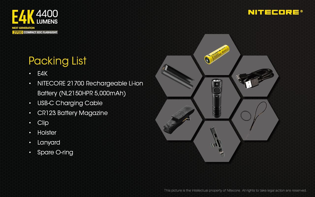 Nitecore E4K Torcia Elettrica 4400 Lumen Design Compatto e Impermeabile LED XP-L2 V6 con Batteria 21700 per Illuminazione Outdoor ed Escursionismo Resistente e Alta Luminosità