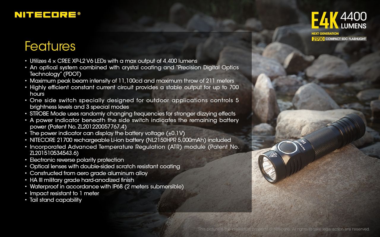 Nitecore E4K Torcia Elettrica 4400 Lumen Design Compatto e Impermeabile LED XP-L2 V6 con Batteria 21700 per Illuminazione Outdoor ed Escursionismo Resistente e Alta Luminosità