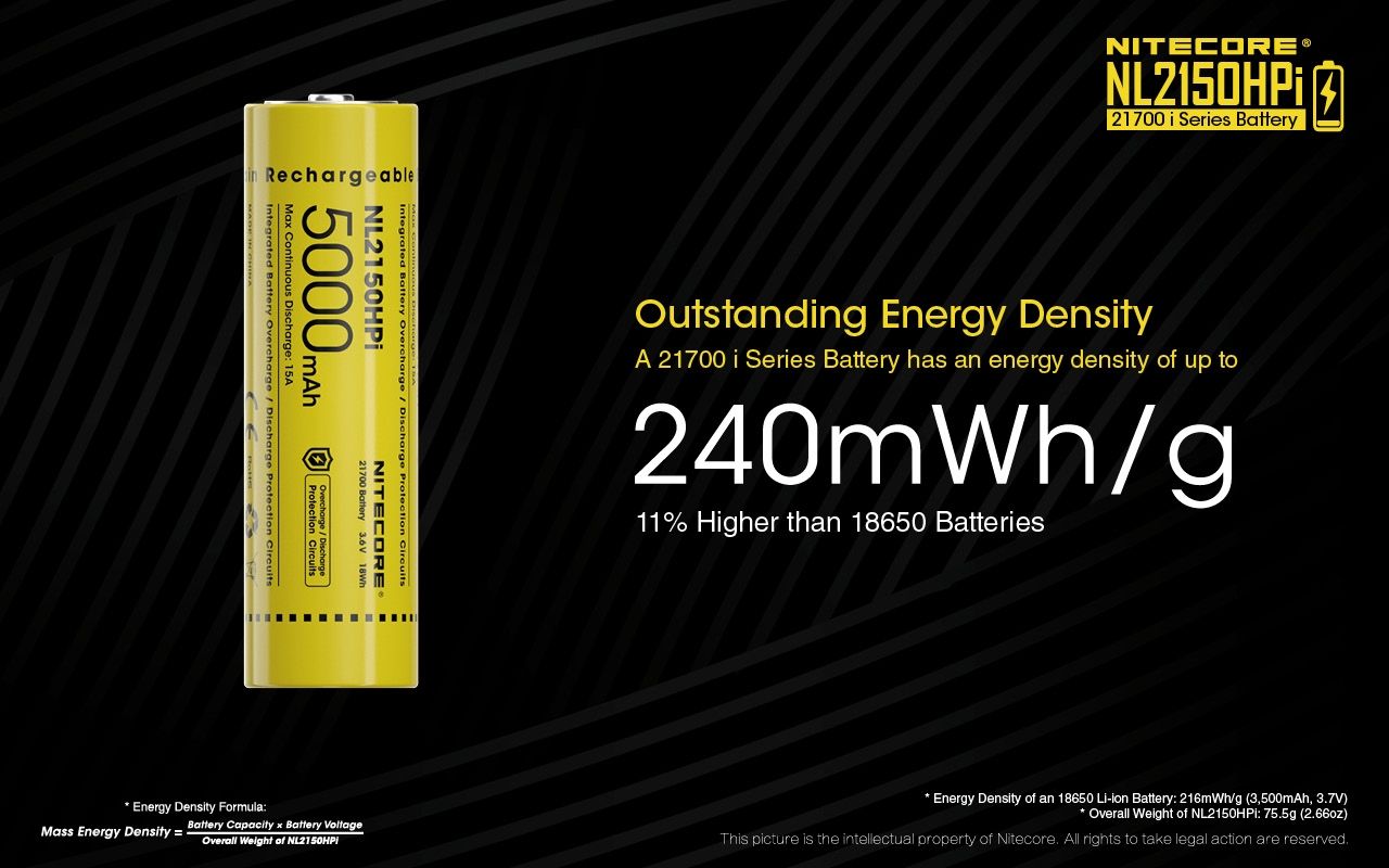 NITECORE NL2150HPi 5000mAh 21700 Batteria Ricaricabile agli Ioni di Litio ad Alte Prestazioni per Torcia e Svapo