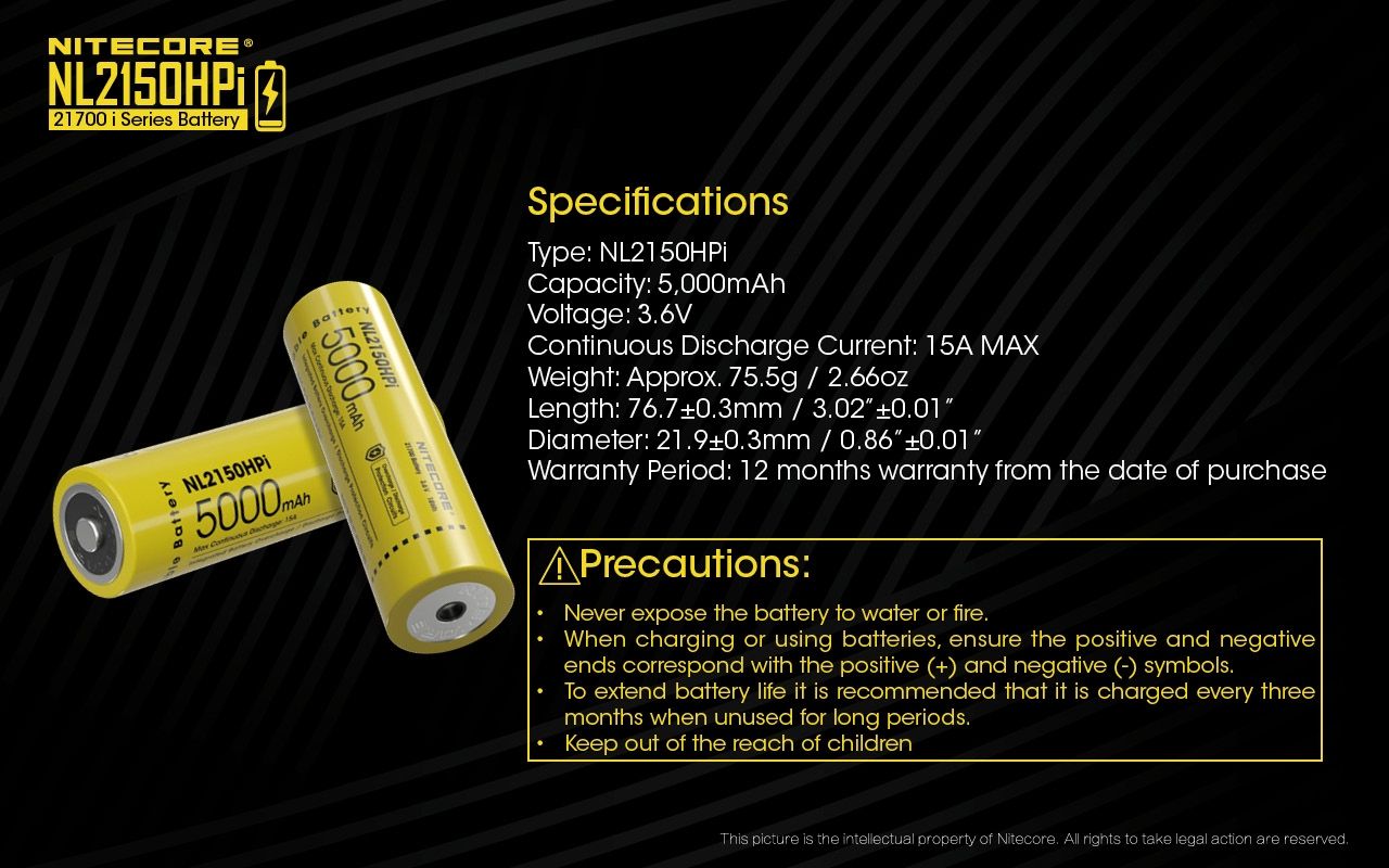 NITECORE NL2150HPi 5000mAh 21700 Batteria Ricaricabile agli Ioni di Litio ad Alte Prestazioni per Torcia e Svapo