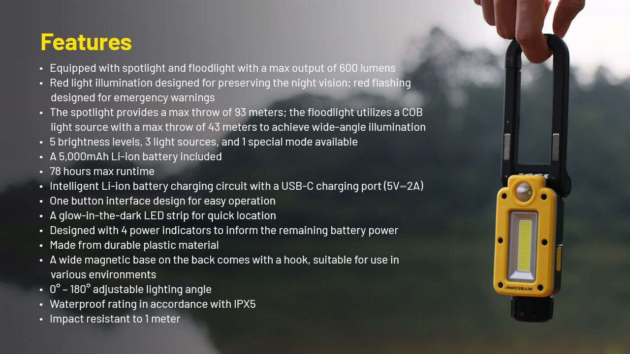 NITECORE NWL20 Faretto Portatile 600 Lumen Illuminazione Versatile con Tripla Uscita per Uso Esterno e di Emergenza