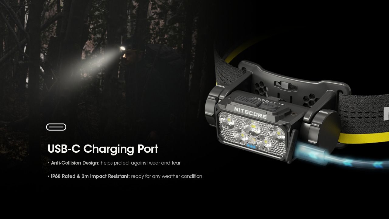 Scopri la Nitecore HC60 UHE lampada frontale ricaricabile 1600 lumen per campeggio ed escursionismo design robusto batteria di lunga autonomia per illuminazione outdoor di sicurezza e avventure