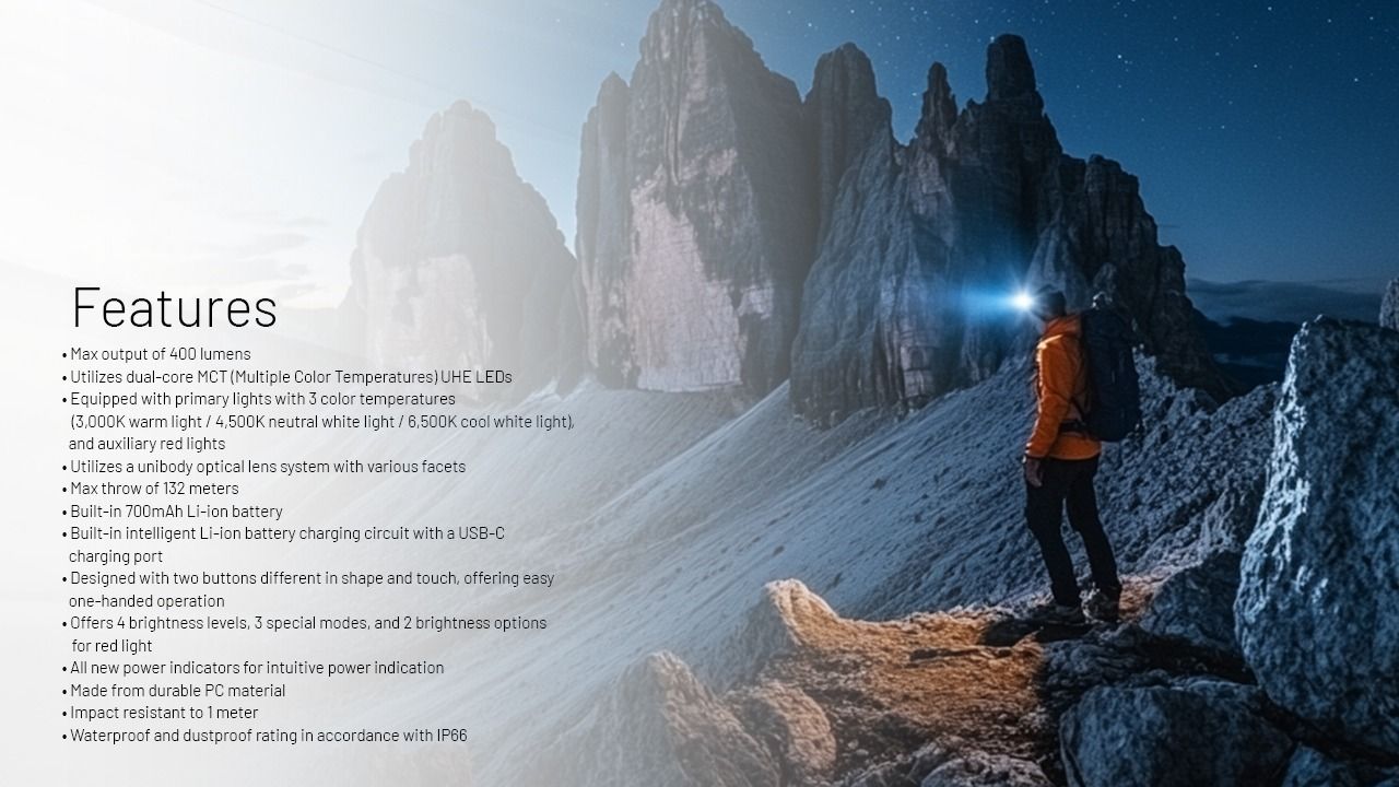 Lampada frontale NITECORE NU25 MCT UL da 400 lumen, leggera, ricaricabile tramite USB-C per escursionismo, campeggio e emergenze.