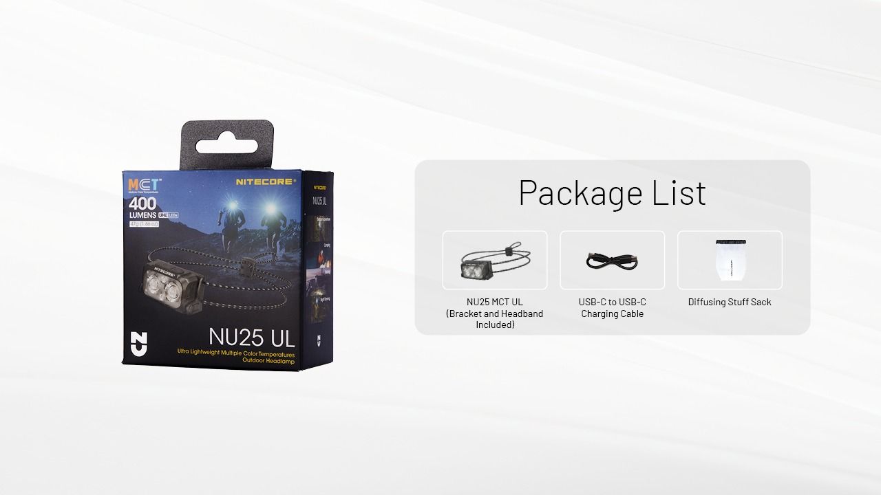 Lampada frontale NITECORE NU25 MCT UL da 400 lumen, leggera, ricaricabile tramite USB-C per escursionismo, campeggio e emergenze.