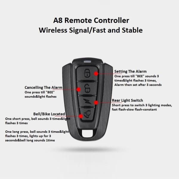 ANTUSI A8 Lucchetto antifurto con allarme per bicicletta da strada, fanale posteriore, sicurezza in bicicletta con freno automatico e campanello wireless