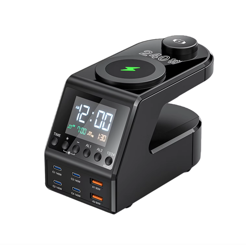 Stazione di ricarica 240W tutto-in-uno, sveglia digitale, 4×140W PD3.1 PPS, USB Type C, caricabatterie wireless veloce
