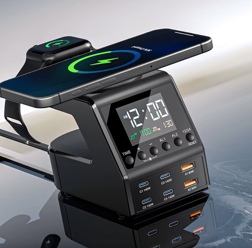Stazione di ricarica 240W tutto-in-uno, sveglia digitale, 4×140W PD3.1 PPS, USB Type C, caricabatterie wireless veloce