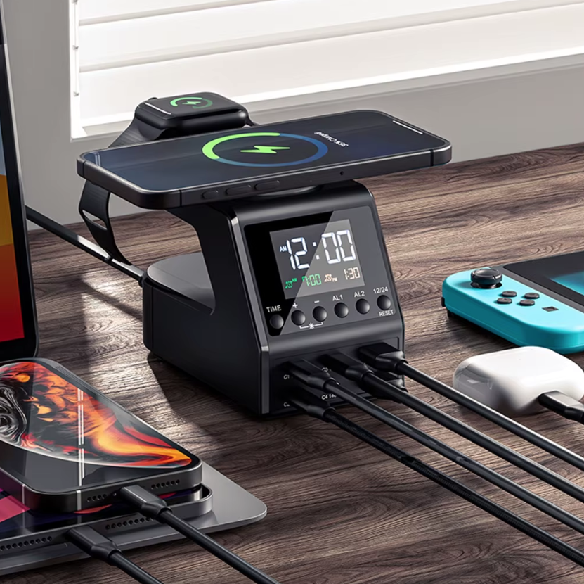 Stazione di ricarica 240W tutto-in-uno, sveglia digitale, 4×140W PD3.1 PPS, USB Type C, caricabatterie wireless veloce