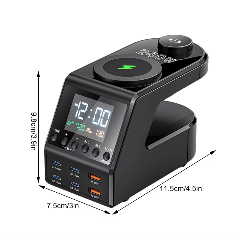 Stazione di ricarica 240W tutto-in-uno, sveglia digitale, 4×140W PD3.1 PPS, USB Type C, caricabatterie wireless veloce