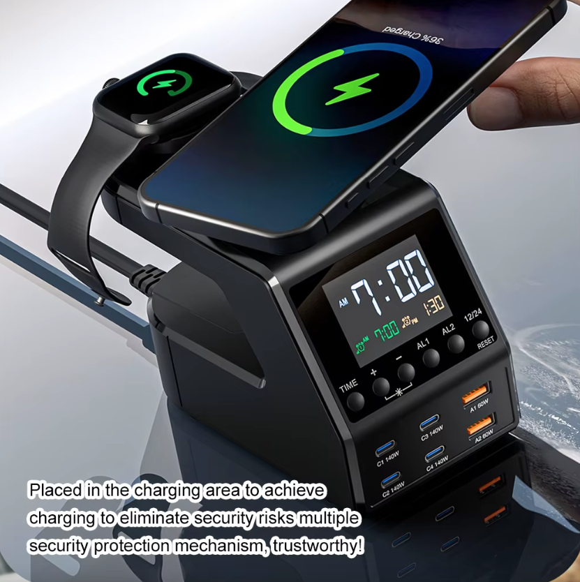 Stazione di ricarica 240W tutto-in-uno, sveglia digitale, 4×140W PD3.1 PPS, USB Type C, caricabatterie wireless veloce