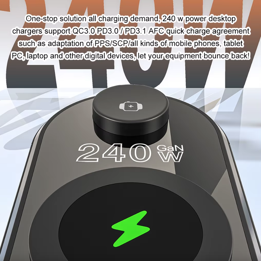 Stazione di ricarica 240W tutto-in-uno, sveglia digitale, 4×140W PD3.1 PPS, USB Type C, caricabatterie wireless veloce