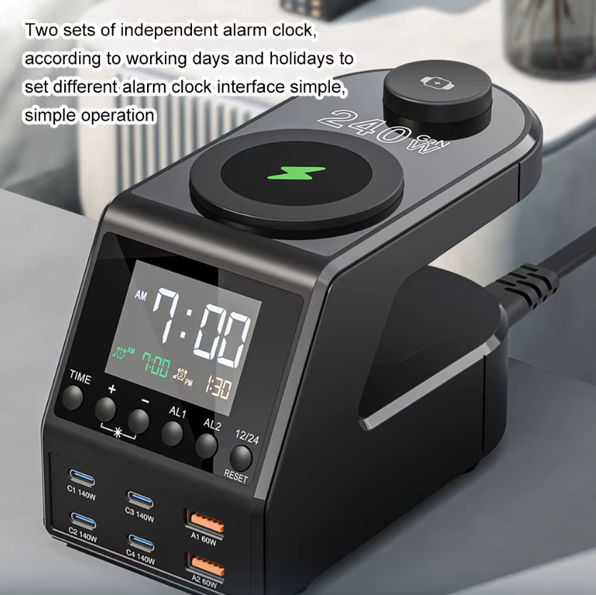 Stazione di ricarica 240W tutto-in-uno, sveglia digitale, 4×140W PD3.1 PPS, USB Type C, caricabatterie wireless veloce