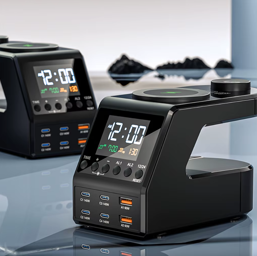 Stazione di ricarica 240W tutto-in-uno, sveglia digitale, 4×140W PD3.1 PPS, USB Type C, caricabatterie wireless veloce