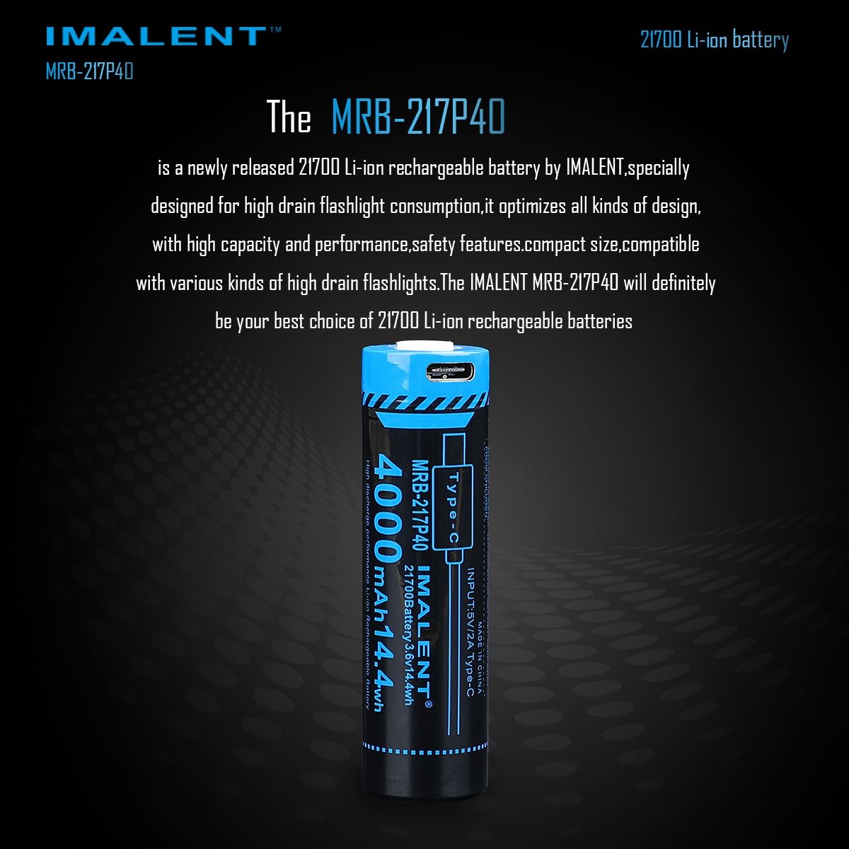 Batteria IMALENT MRB-217P40 21700 4000mAh Ricaricabile Tipo-C ad Alta Capacità per Torce e Gadget