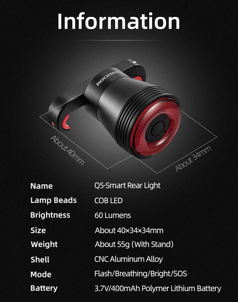 ROCKBROS Q5 Luce intelligente per bicicletta con rilevamento automatico della frenata, fanale posteriore LED impermeabile IPX6, attrezzatura di sicurezza per ciclismo