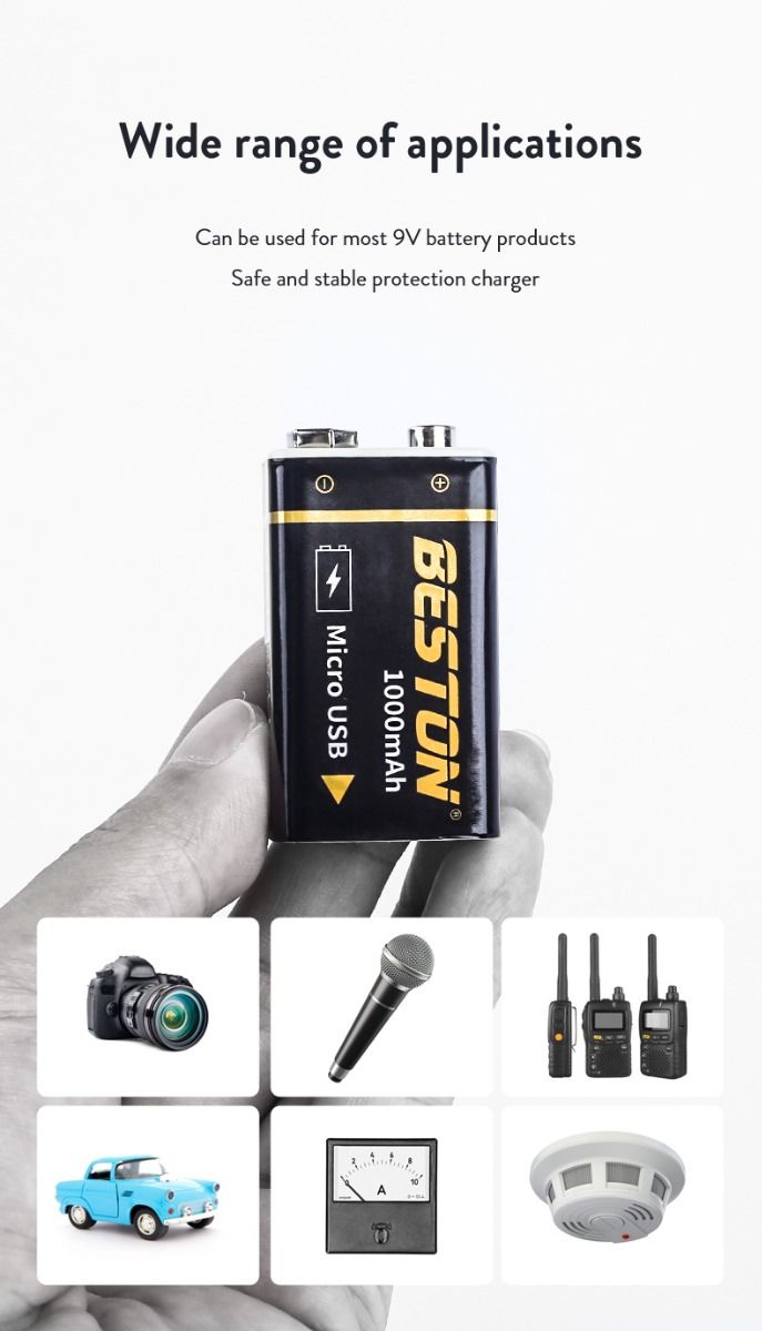 Beston 9V 1000mAh Batteria Ricaricabile con Micro USB, Alimentazione Ecologica per Elicotteri RC, Microfoni e Giocattoli