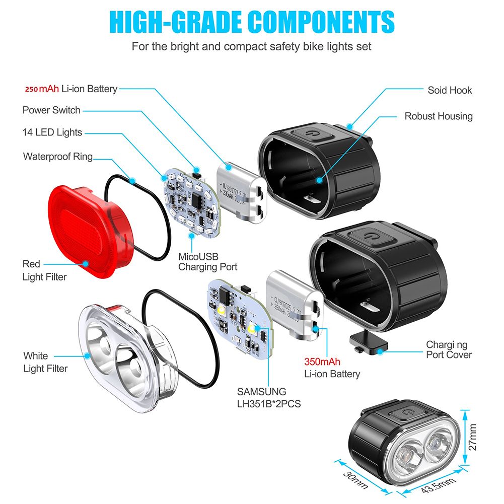 Set luci per bicicletta ricaricabili USB, impermeabili, LED, visibilità urbana in bicicletta, faro anteriore leggero e luce posteriore rossa