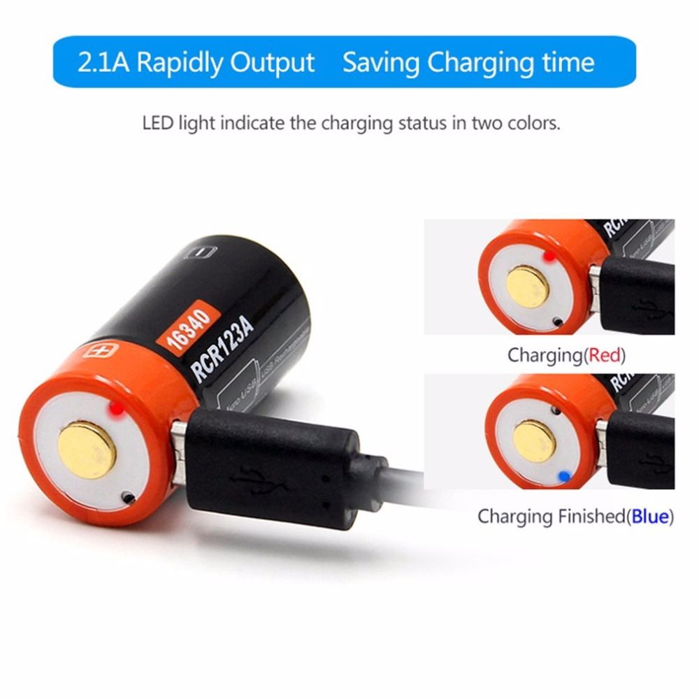 16340 650mAh 3.7V Micro USB Ricaricabile Batteria Li-ion Ecologica di Lunga Durata per Torce e Attrezzatura