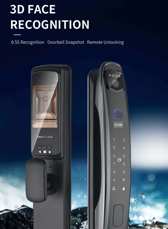 Serratura porta intelligente 3D con riconoscimento facciale, telecamera di sicurezza e monitor, impronta digitale intelligente – sistema di sicurezza domestico moderno.