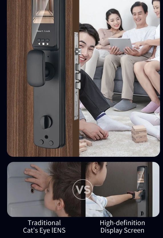 Serratura porta intelligente 3D con riconoscimento facciale, telecamera di sicurezza e monitor, impronta digitale intelligente – sistema di sicurezza domestico moderno.