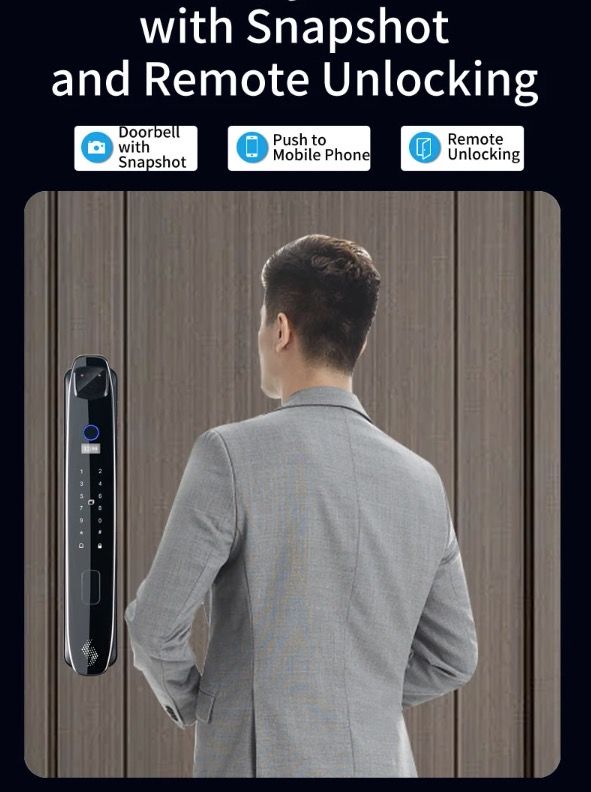Serratura porta intelligente 3D con riconoscimento facciale, telecamera di sicurezza e monitor, impronta digitale intelligente – sistema di sicurezza domestico moderno.