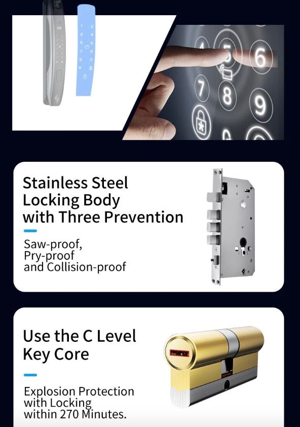 Serratura porta intelligente 3D con riconoscimento facciale, telecamera di sicurezza e monitor, impronta digitale intelligente – sistema di sicurezza domestico moderno.