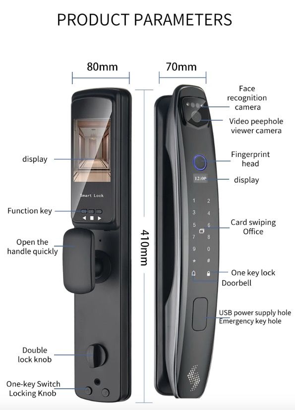 Serratura porta intelligente 3D con riconoscimento facciale, telecamera di sicurezza e monitor, impronta digitale intelligente – sistema di sicurezza domestico moderno.