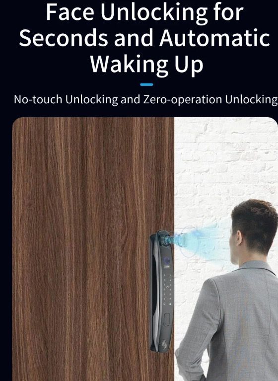 Serratura porta intelligente 3D con riconoscimento facciale, telecamera di sicurezza e monitor, impronta digitale intelligente – sistema di sicurezza domestico moderno.