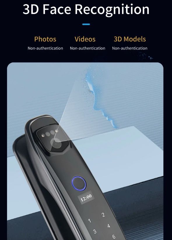 Serratura porta intelligente 3D con riconoscimento facciale, telecamera di sicurezza e monitor, impronta digitale intelligente – sistema di sicurezza domestico moderno.